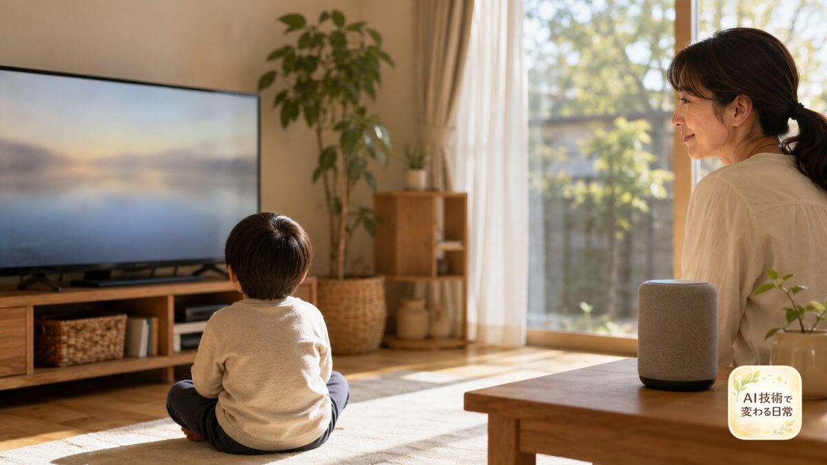 子どものテレビ時間をやさしく区切るため、母親が見守る朝のリビングとスマートスピーカー