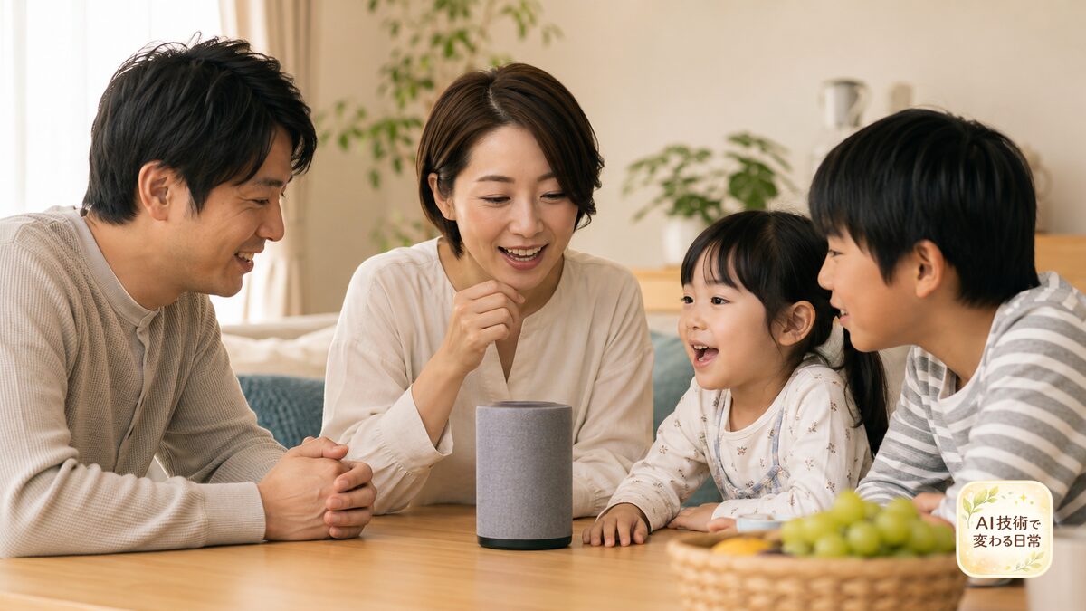 家族みんなでスマートスピーカーに話しかけ、朝の合言葉や定型アクションを共有する様子