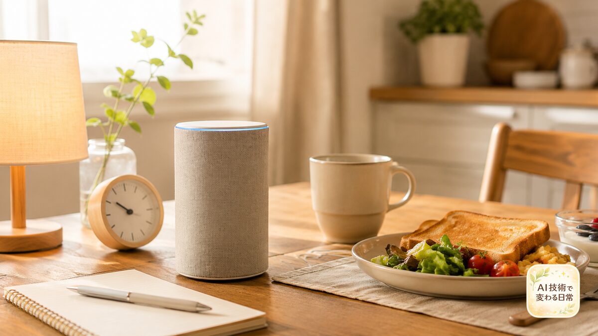 朝食や時計、メモとスマートスピーカーをまとめた、朝の家事や情報確認を整えるダイニングテーブル