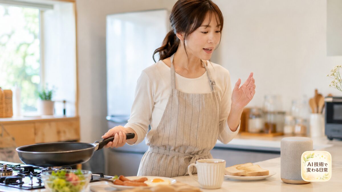 朝食を作りながら、手を止めずにスマートスピーカーへ話しかける日本人女性