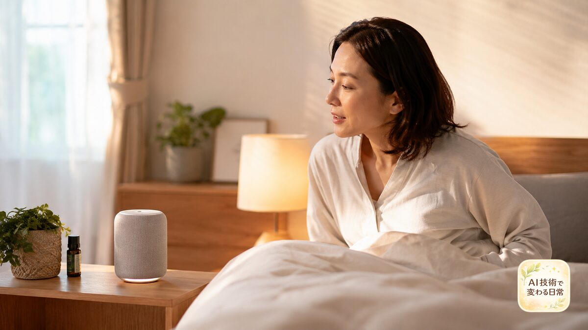 ベッドから起き上がり、スマートスピーカーに話しかけて朝の準備を始める日本人女性