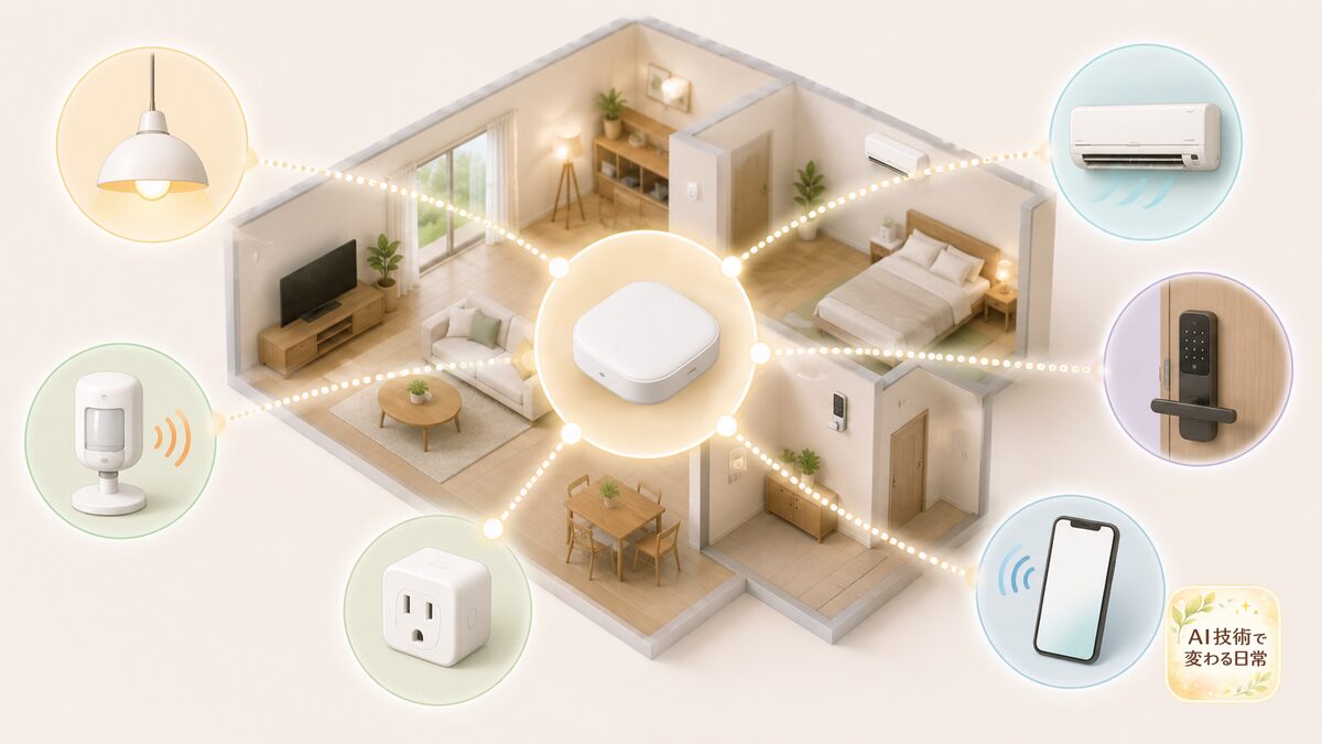 照明やエアコン、スマートロックなどが中央の機器を通じてつながる住まいの図解