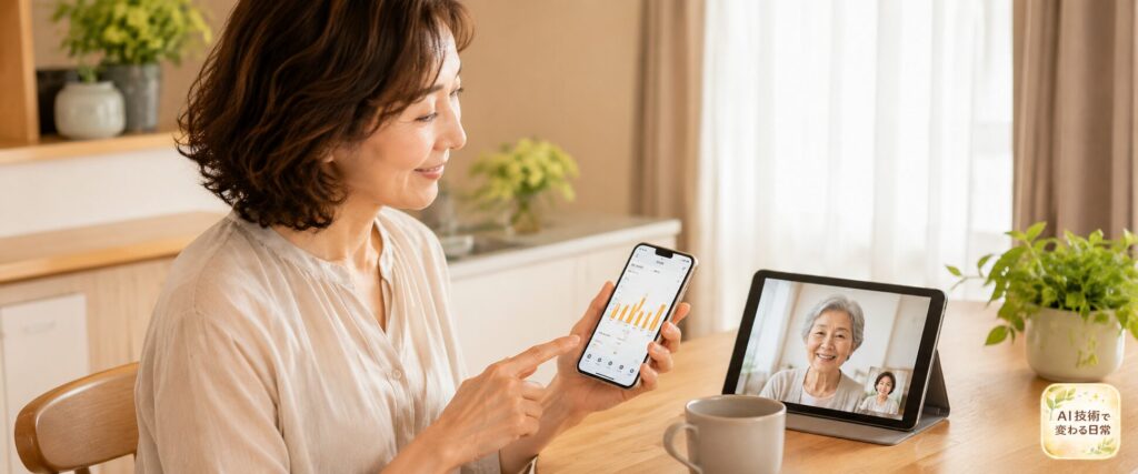 スマホで電気使用量を確認しながら家族とビデオ通話する様子