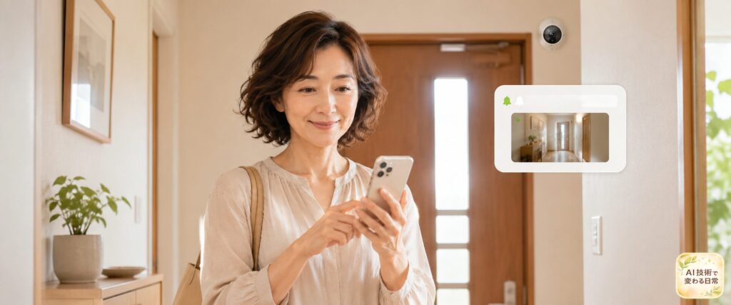 玄関カメラの通知をスマホで確認する女性