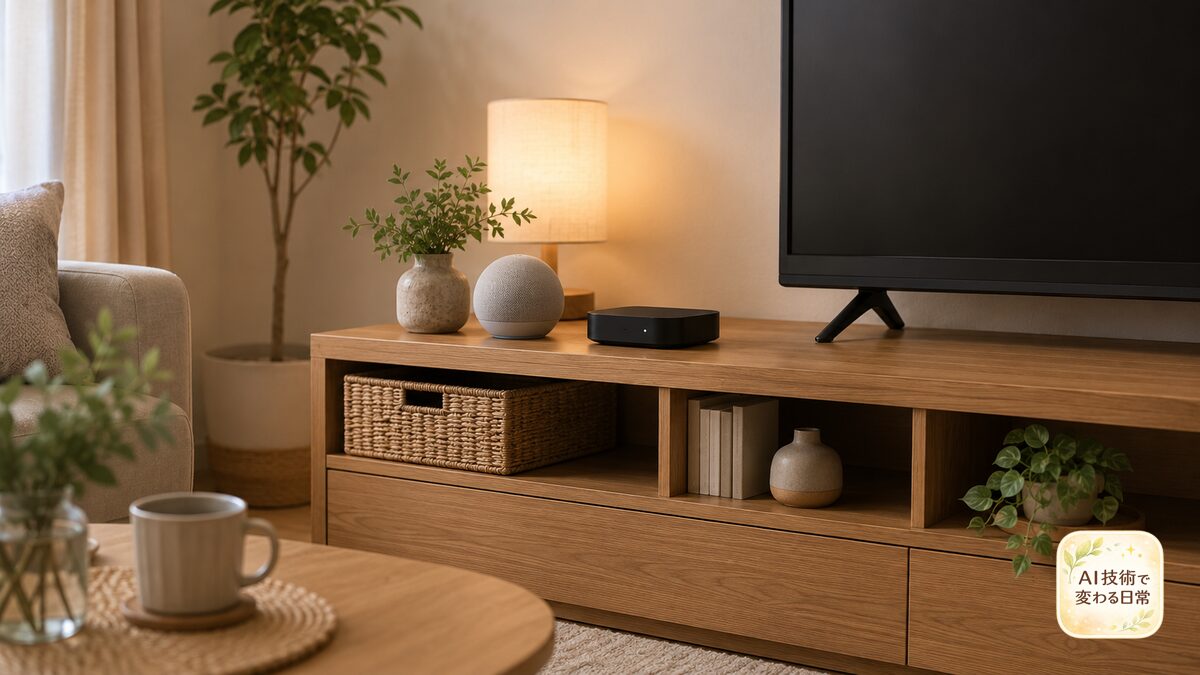 テレビ台のそばに置かれたホームキット(HomeKit)のホームハブ風デバイス