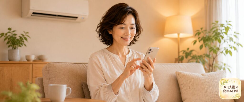 ソファでスマホを操作する笑顔の女性