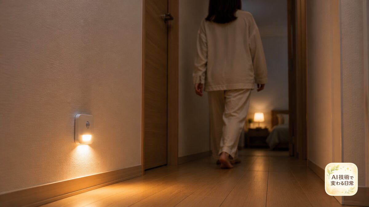 夜の廊下で足元を照らす人感センサーのやわらかな灯り