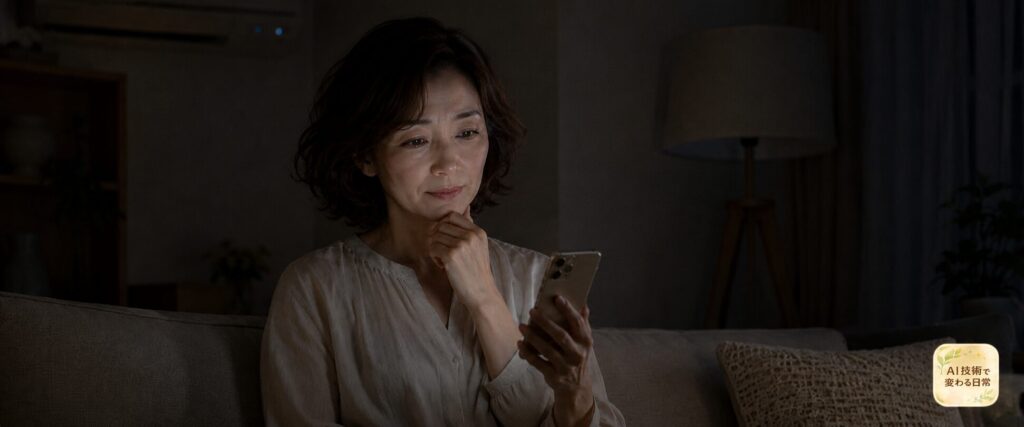 停電中にスマホを見て不安そうな女性