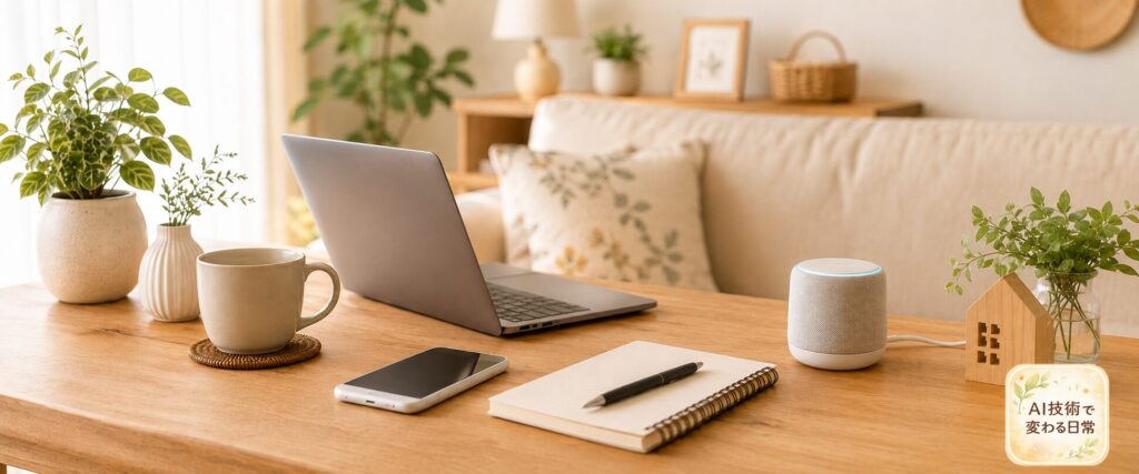 スマホやノートPCが置かれた温かみのある暮らしのテーブル風景