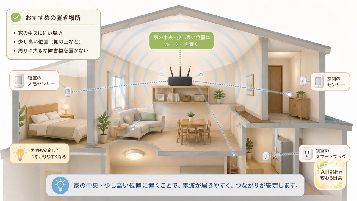 家の中央の棚に置いたルーターから各部屋へ電波が広がる住まいの図解