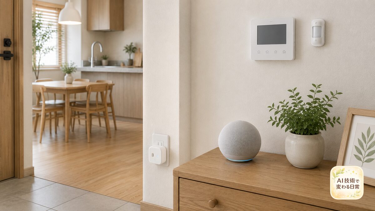 玄関付近の棚に置かれたスマートスピーカー風機器と壁面のセンサーや操作パネル