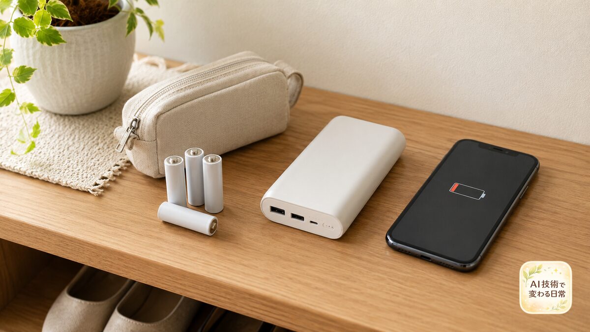 玄関の棚に置かれた予備電池、モバイルバッテリー、スマートフォン、ポーチ