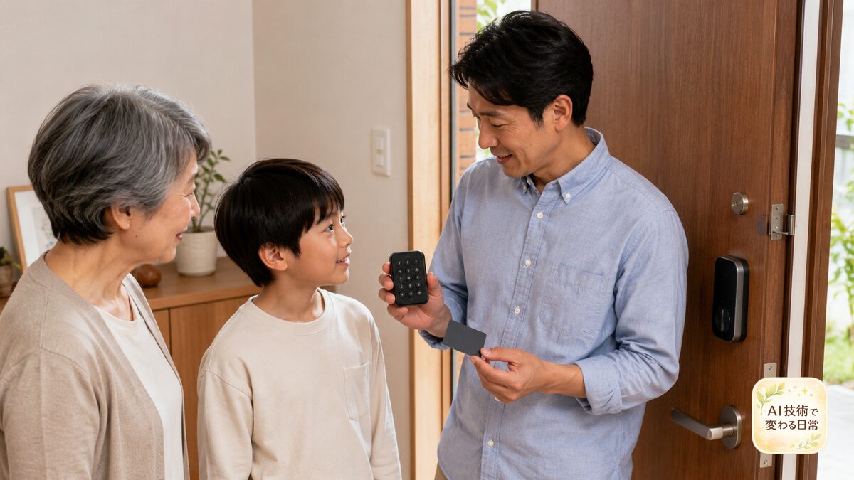 玄関でキーパッドとICカードを手に、家族に合う解錠方法を確認する父親、子ども、祖母