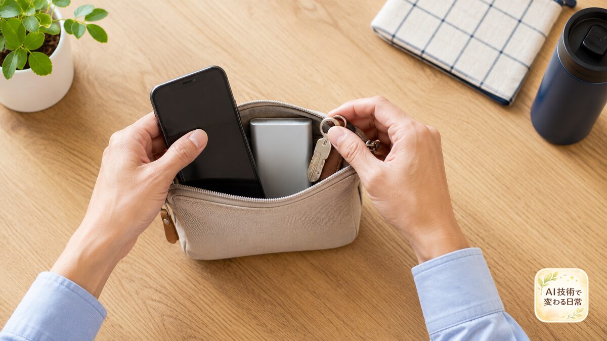 スマートフォン、物理鍵、モバイルバッテリーを外出用ポーチに入れる手元