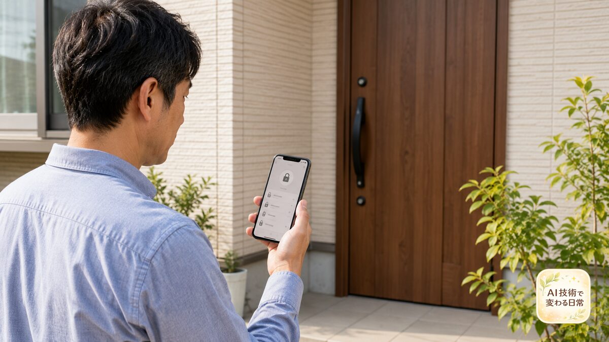 戸建て住宅の玄関前で、スマートフォンを見ながら施錠状況を確認する男性