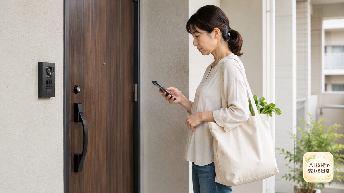 買い物袋を持ち、玄関前でスマートフォンを確認しながら解錠を待つ女性