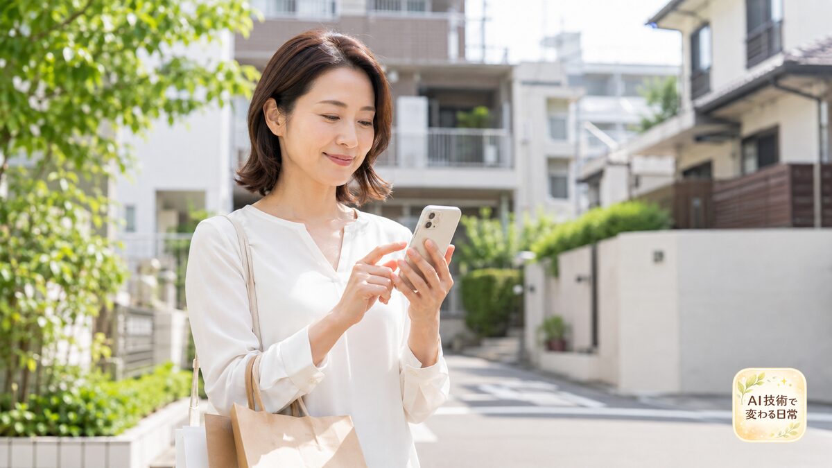 買い物帰りにスマホで自宅のエアコンを遠隔操作する日本人女性