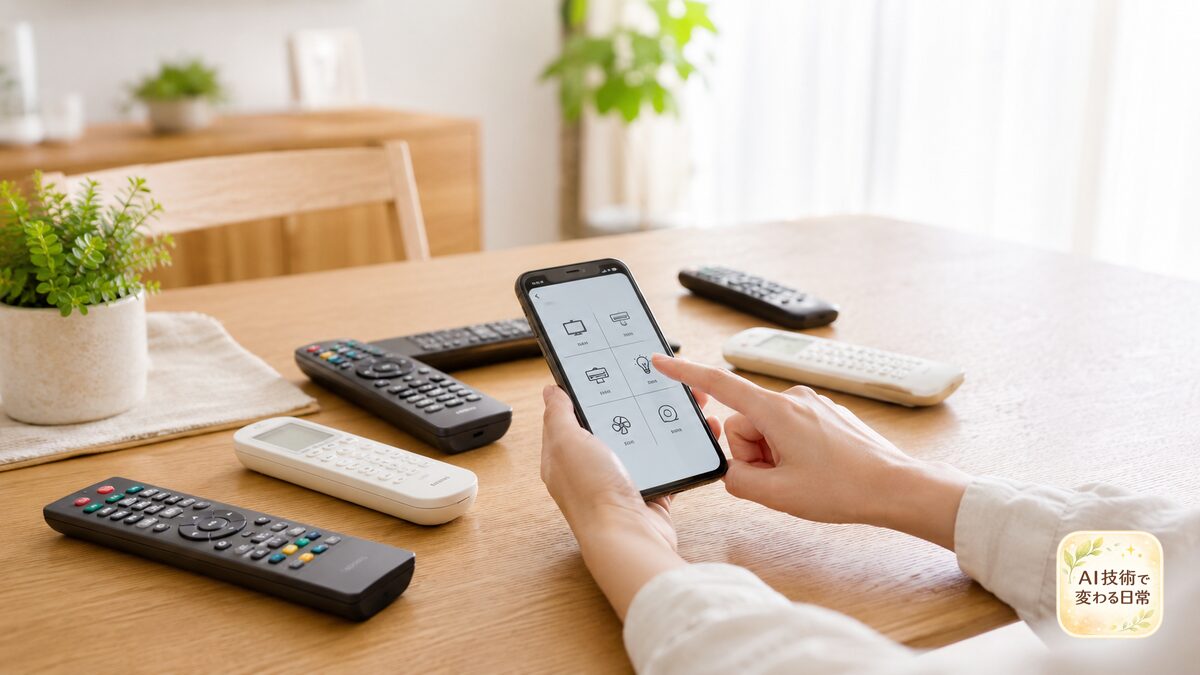 スマートリモコンでできることとして複数のリモコンをスマホ1台にまとめる様子