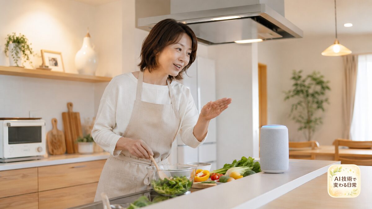 朝のリビングで照明・テレビ・エアコンが自動で動くスマートホームの様子