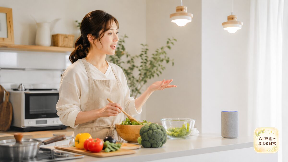 料理中にスマートスピーカーへ話しかけて家電を操作する日本人主婦