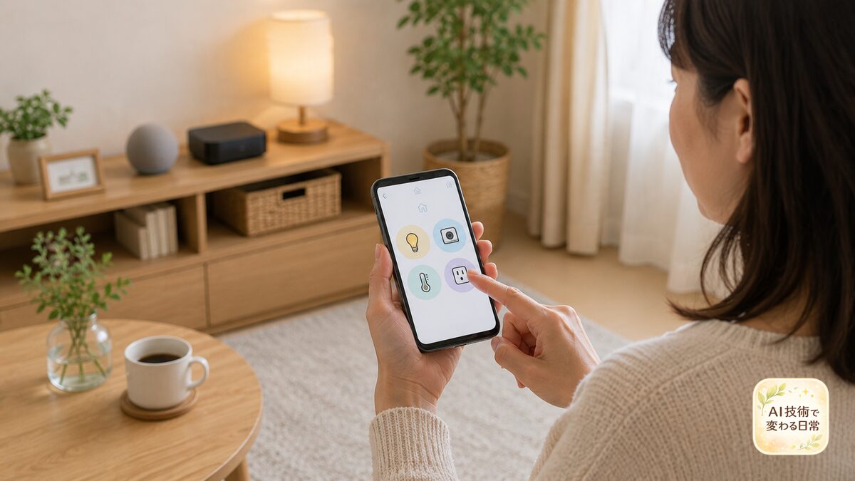 リビングでスマートホーム操作用のスマートフォン画面を見る女性の手元