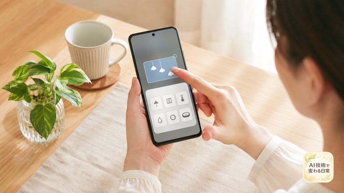 Androidスマートフォンのホーム画面で、家電操作用のウィジェットを選ぶ手元