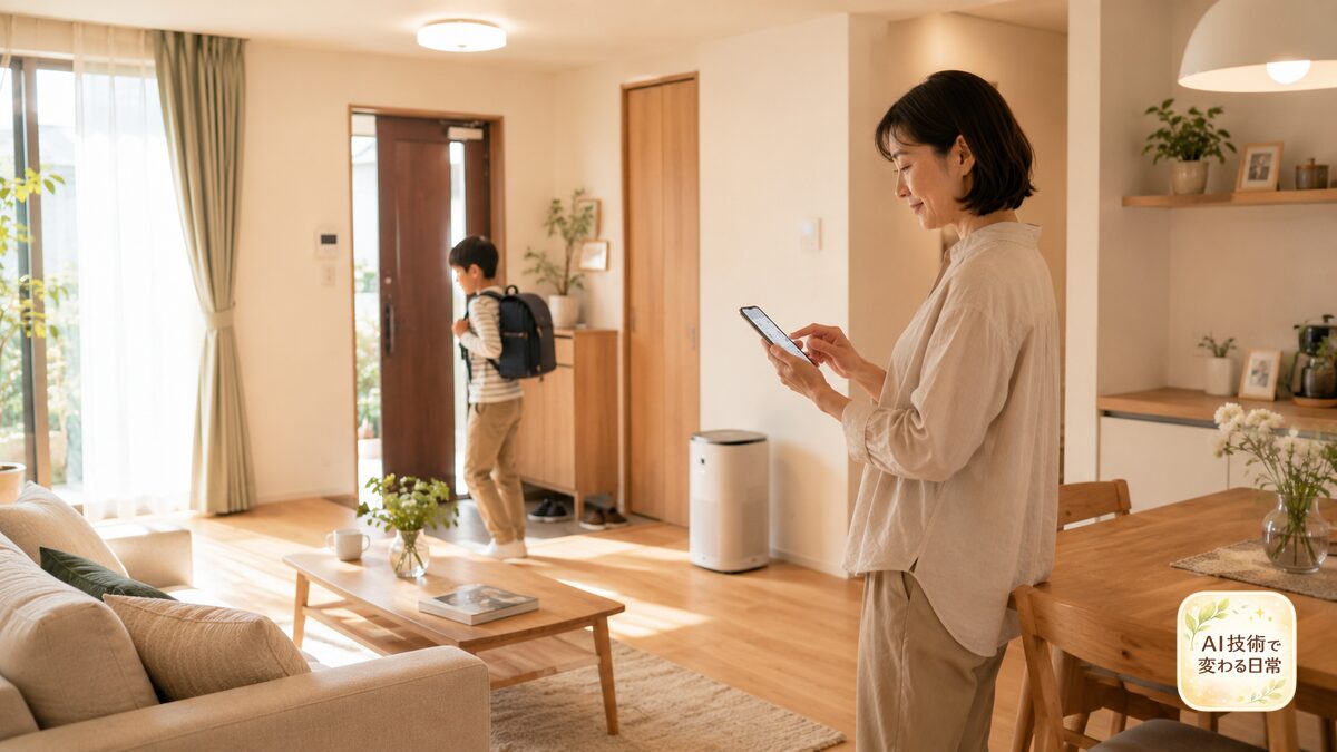 スマートフォンのホーム画面から照明、カーテン、玄関ロック、ロボット掃除機を操作する女性