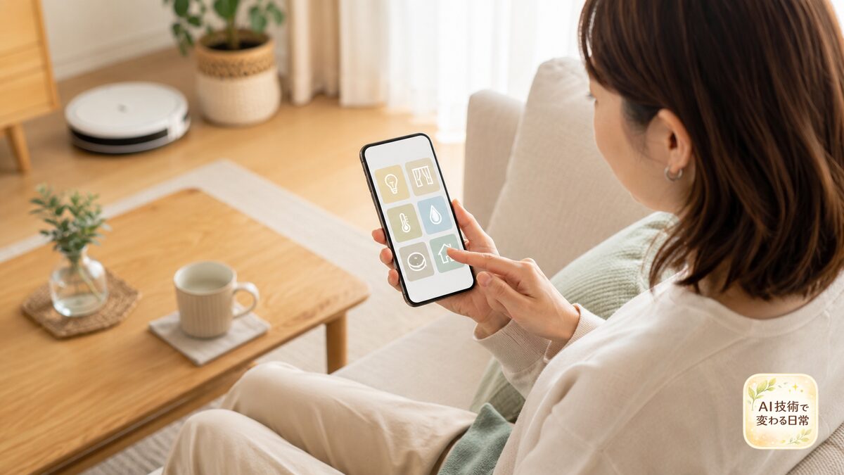 ソファに座った女性がスマートフォンのホーム画面にある家電操作用ウィジェットを整理する様子