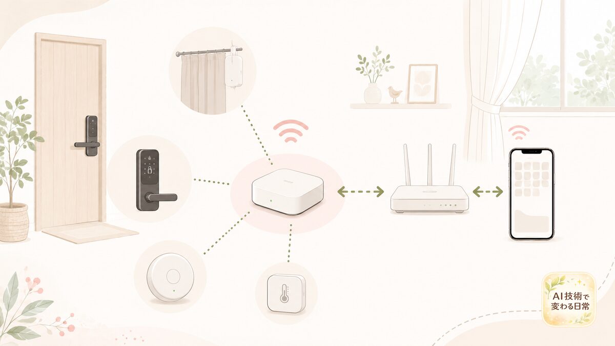 スマートロック、カーテン、温湿度計などをハブとWi-Fiルーターでつなぐ仕組みの図解