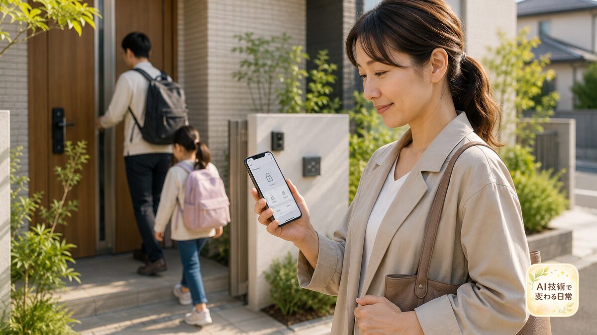 外出前の玄関でSwitchBot ウィジェットを使い、スマートフォンからロックの状態を確認する女性