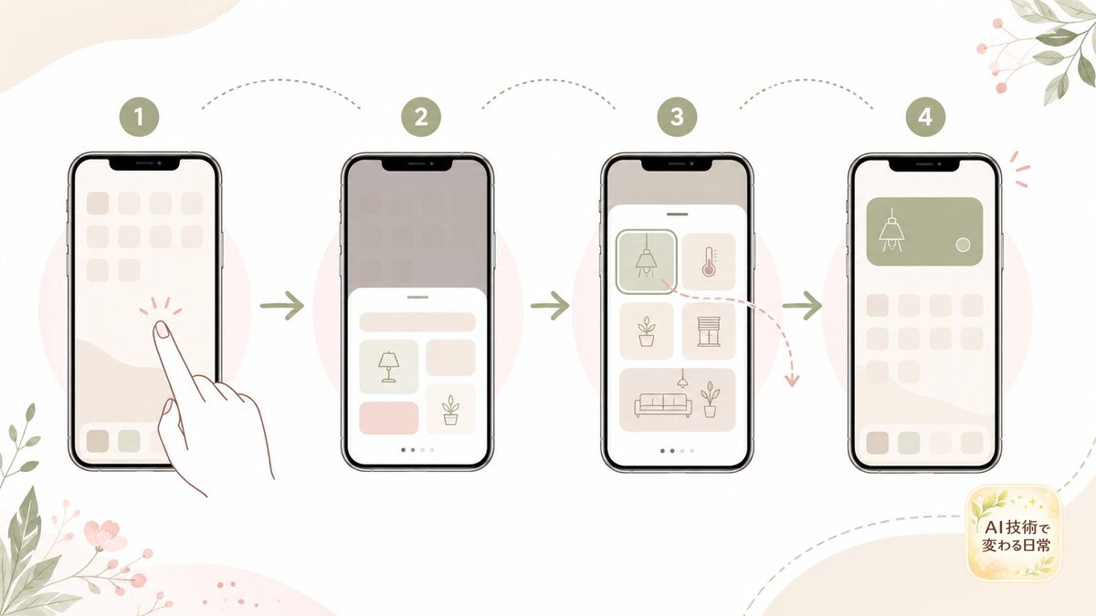 朝のリビングで母親がスマートフォンを操作し、小学生の子どもが外出準備をしている様子