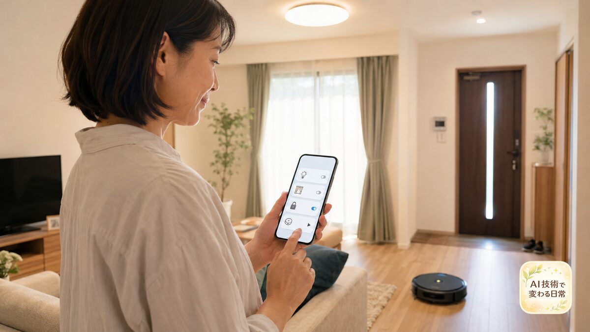 子どもを抱っこした母親がスマートフォンで温度と湿度を確認し、加湿器を見ている様子