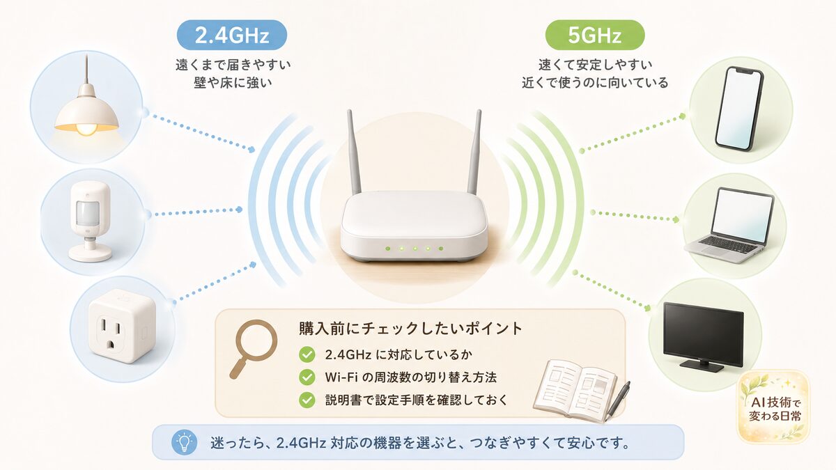 家庭用ルーターから照明やセンサー、スマートフォンへ電波が届くイメージ