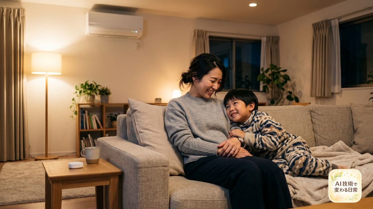 夜のリビングで温かい照明とエアコンに包まれてソファでくつろぐ親子の団らんシーン