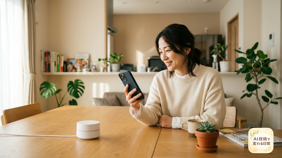 リビングのテーブルでスマートフォンを見ながらSwitchBot ハブ2の初期設定を進める女性
