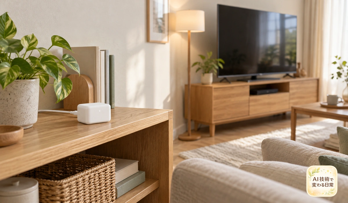 赤外線ハブを棚の手前に置き、テレビとの間に遮蔽物がないか確認する配置例