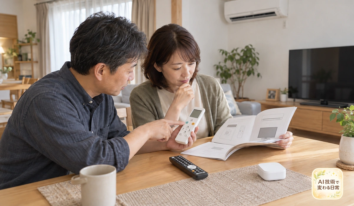 購入前に家電のリモコンと取扱説明書を家族で確認する様子