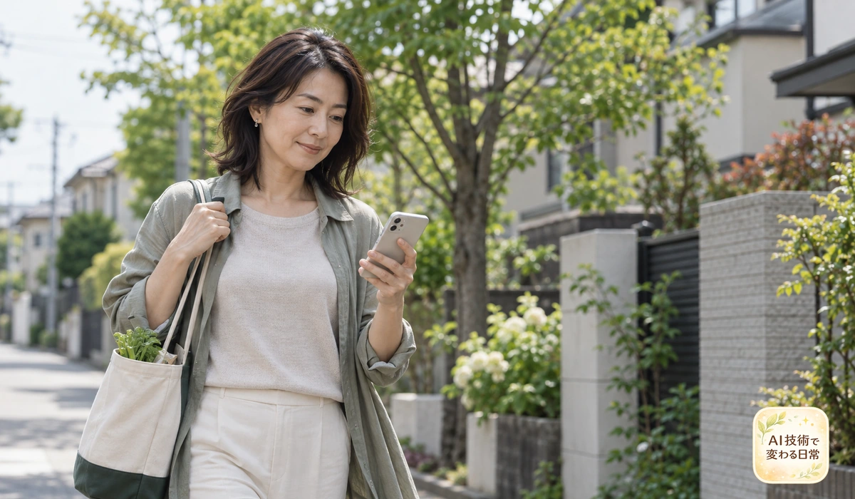 帰宅前の家電操作を考える外出先の女性のイメージ