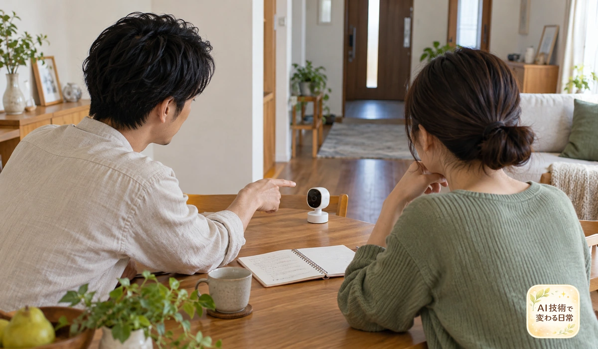 カメラの置き場所と情報の共有範囲を話し合う家族のイメージ