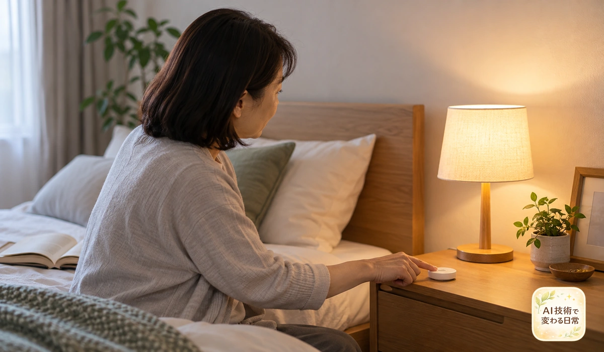 寝室で照明一つの操作を試す女性のイメージ