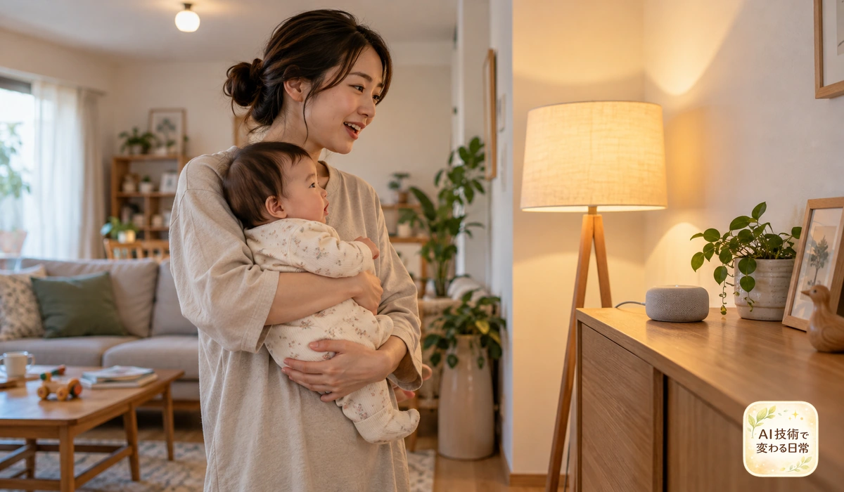 子どもを抱っこしながら声で対応照明を操作する暮らしのイメージ
