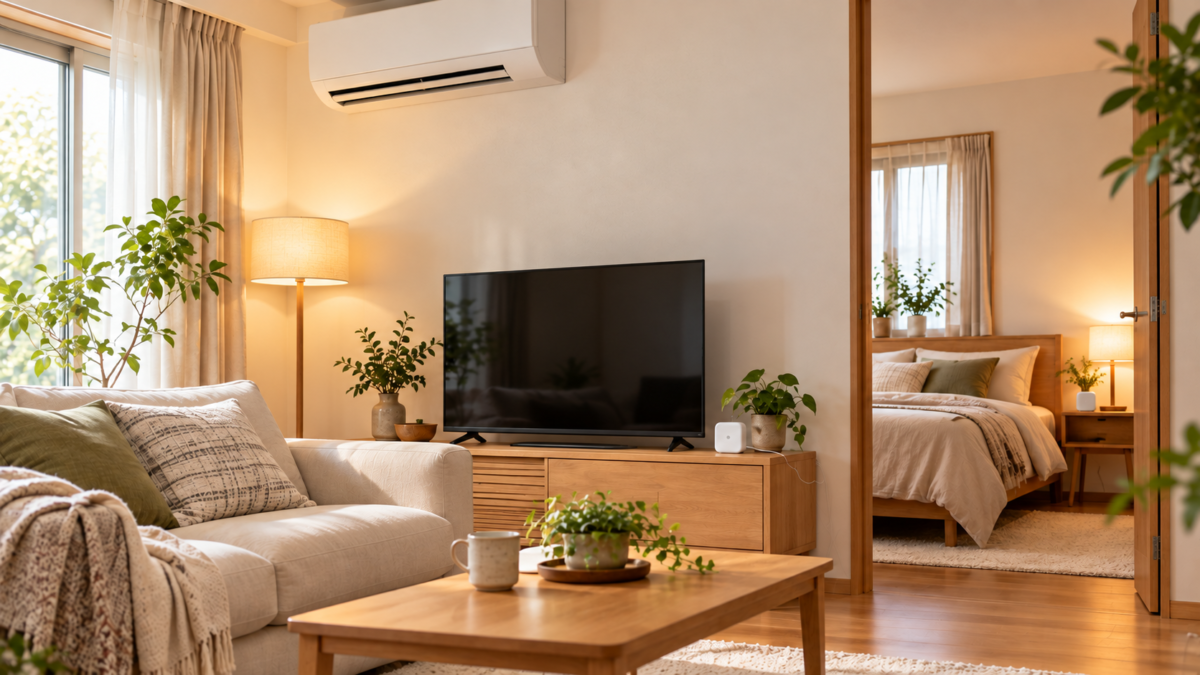 リビングと寝室にそれぞれスマートホーム機器を置いた住空間のイメージ