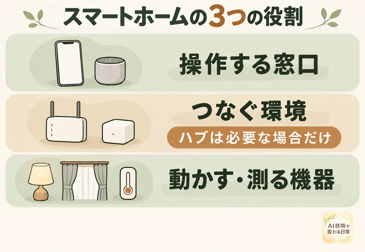 操作する窓口、つなぐ環境、動かす・測る機器というスマートホームの3つの役割