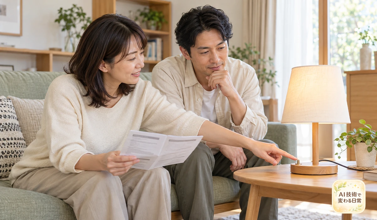照明の手動スイッチと説明書を確認し、使い方を共有する夫婦
