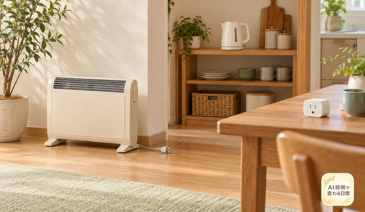 電源プラグを抜いた暖房器具と、離して置かれたプラグのイメージ
