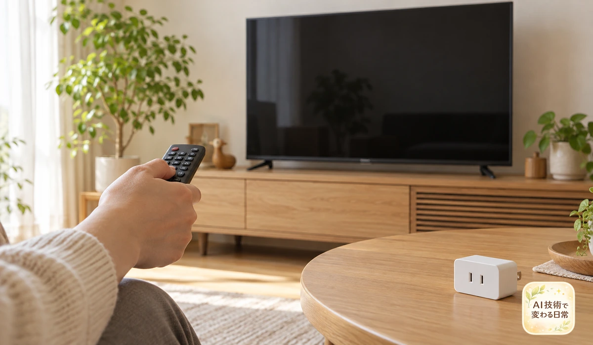 テレビのリモコン操作と、未接続のスマートプラグを比較する場面