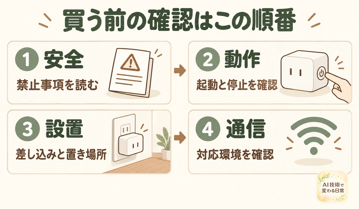 スマートプラグの購入前に、安全、動作、設置、通信の順で確認する図