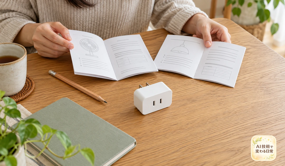 家電とプラグの説明書を、机に並べて照合する手元