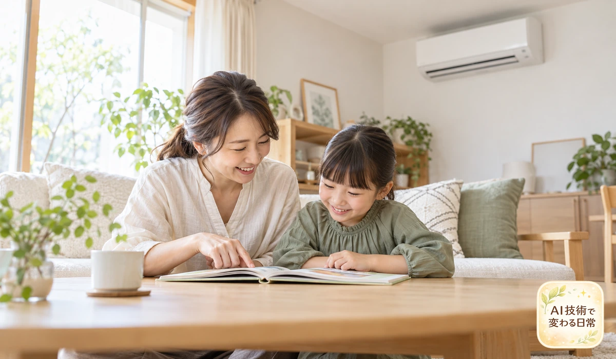 エアコンのある部屋で親子がくつろぐ暮らしのイメージ