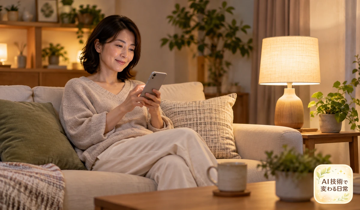 リビングでスマホを使い照明を操作する暮らしのイメージ